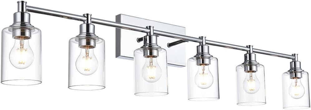 Bathroom Vanity Light Fixtures, 6-Light Vanity Lights for Bathroom Bedroom Chrome Finish Wall Mount Lights with Cylindrical Clear Glass Shade
