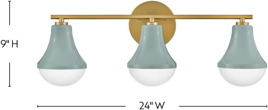 Lark Haddie Modern Three-Light Bath Vanity, Fixture Mounts Up or Down Over Bathroom Mirror, Seafoam and Lacquered Brass Finish