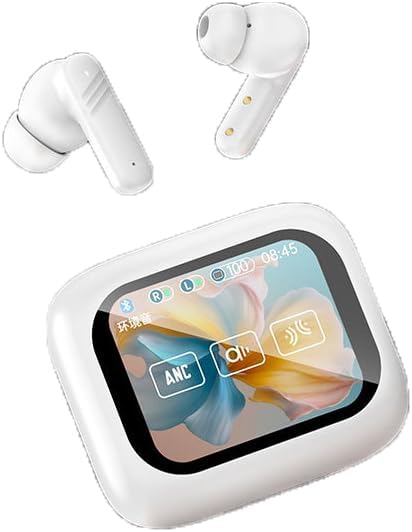 Bluetooth 5.4 Headphones Wireless Earbuds with LCD Full-Color Touch Screen 36Hrs Playback Ear Buds with ANC+ENC Noise Canceling Mic Over-Ear Stereo Bass Earphones for Sports/Workout/Running,White