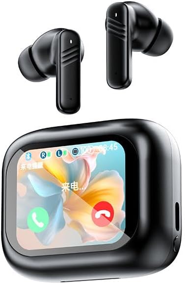 Bluetooth 5.4 Headphones Wireless Earbuds with LCD Full-Color Touch Screen 36Hrs Playback Ear Buds with ANC+ENC Noise Canceling Mic Over-Ear Stereo Bass Earphones for Sports/Workout/Running,Black
