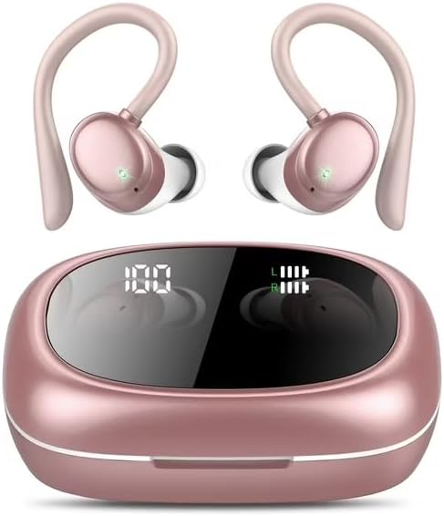 Bluetooth Headphones Wireless Sport Earbuds 80Hrs Playtime Wireless Charging Case Digital Display with Earhook Premium Deep Bass IPX7 Waterproof Over-Ear Earphones for Phone Laptop Mint Rose Pink