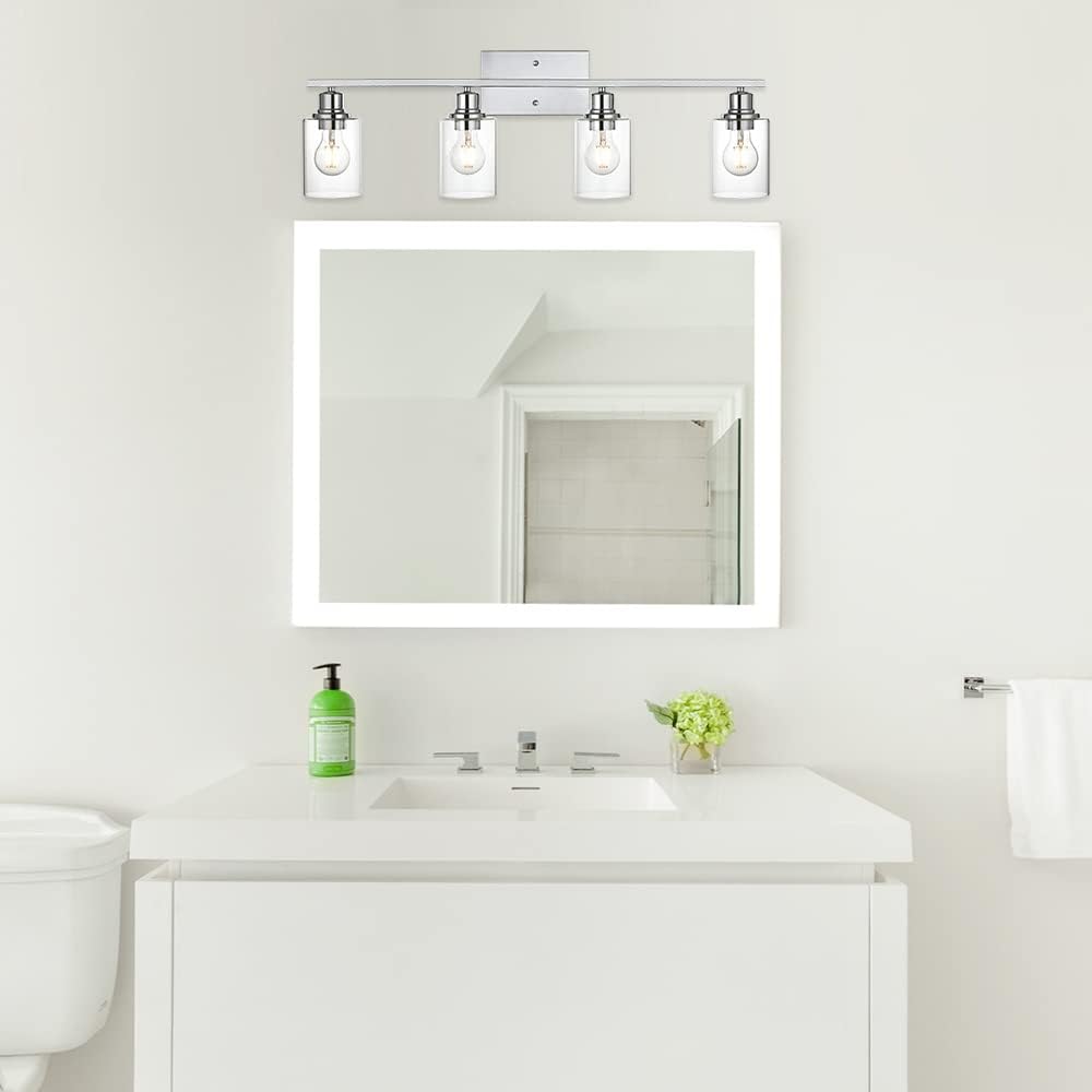 Vanity Light Fixtures,4-Light Indoor Modern Chrome Finish Bathroom Lighting Over Mirror with Clear Glass Shade Metal Base Wall Mounted Lamp for Vanity Table, Living Room