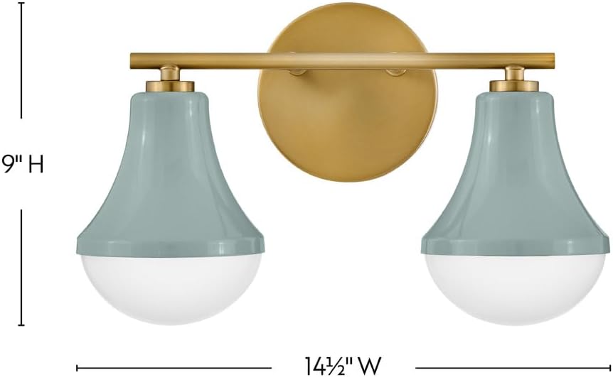 Lark Haddie 85512SF Modern Two-Light Bath Vanity, Fixture Mounts Up or Down, Shades Secured in Place, Seafoam and Lacquered Brass