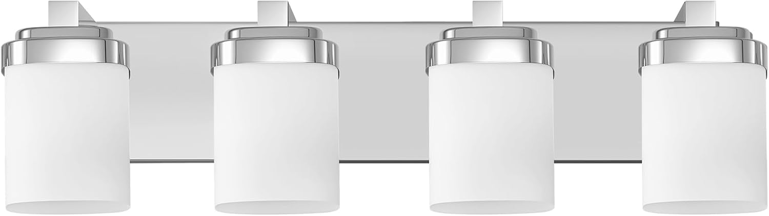 4-Light Chrome Bathroom Light Fixtures, Vanity Lights for Bathroom Mirror Lamp with Milky White Square Glass Shade, E26 Base Modern Wall Sconce Kitchen Light Fixtures Led Vanity