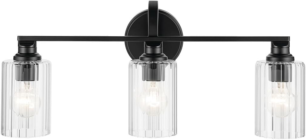 Kichler Gioe 24.25' 3-Light Bathroom Vanity Light Fixture with Clear Fluted Glass in Black, Modern Wall Mount Over Mirror for Powder Room, Damp Rated (24.25' W x 10.5' H), 55226BKFLU