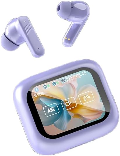 Bluetooth 5.4 Headphones Wireless Earbuds with LCD Full-Color Touch Screen 36Hrs Playback Ear Buds with ANC+ENC Noise Canceling Mic Over-Ear Stereo Bass Earphones for Sports/Workout/Running,Purple
