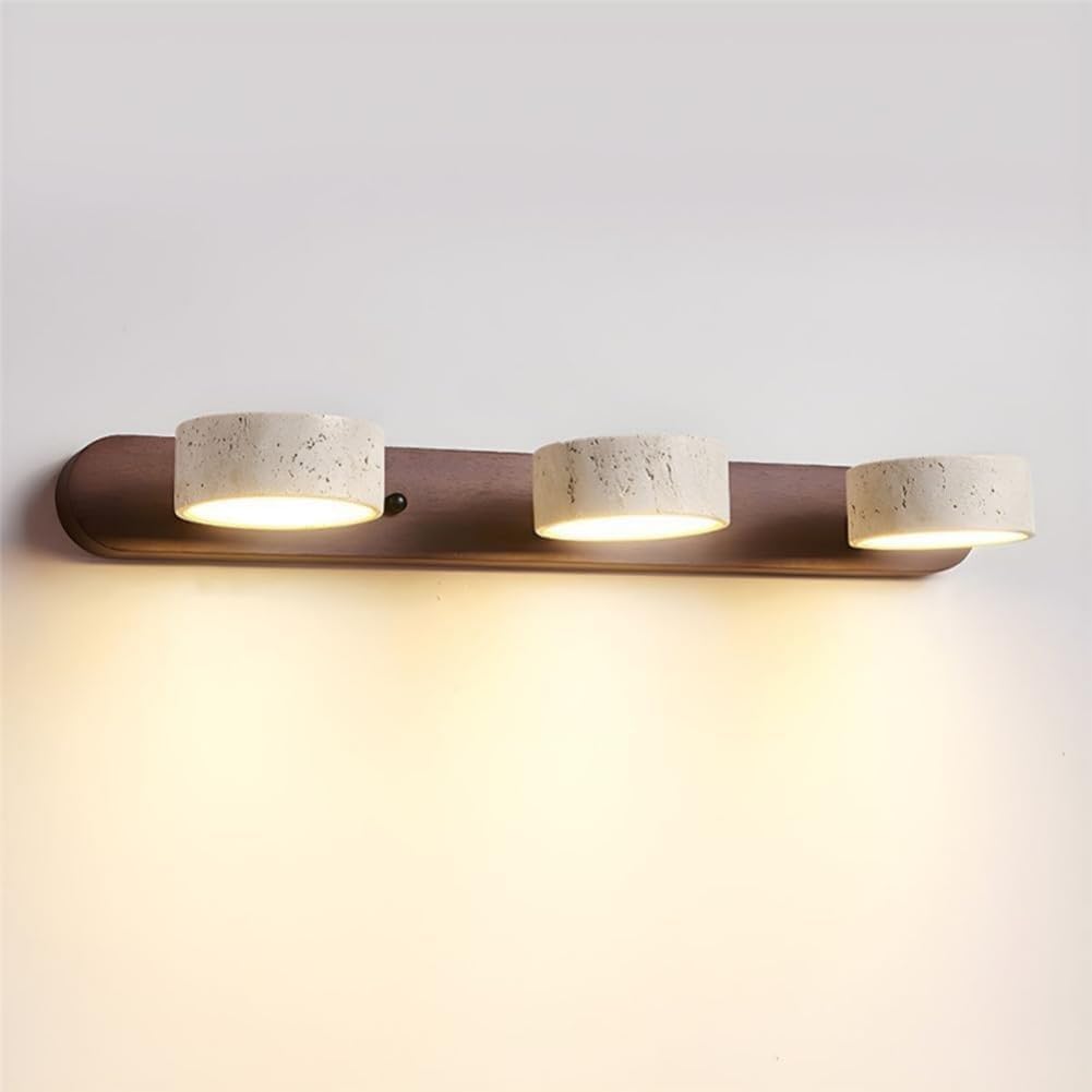 LED Natural Stone Vanity Light with 3 Travertine Stone Shades, Bathroom Vanity Light Fixture, 360° Rotatable Stone Lampshades, Modern Rustic Wall Lamp for Bedroom, Living Room, Hallway (Walnut Wood)