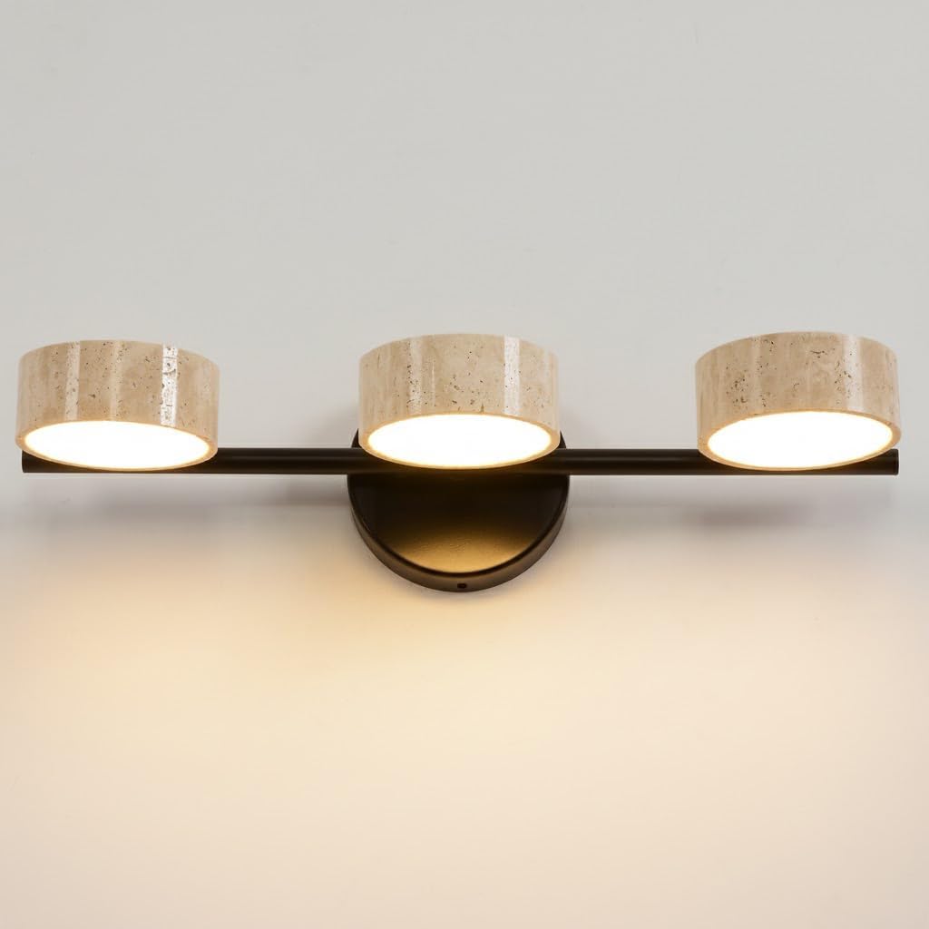 LED Mirror Light with 3 Travertine Stone Shades, Bathroom Vanity Light Fixture, 360° Rotatable Stone Lampshades, Modern Rustic Wall Lamp for Bedroom, Living Room, Hallway (Black-Metal)