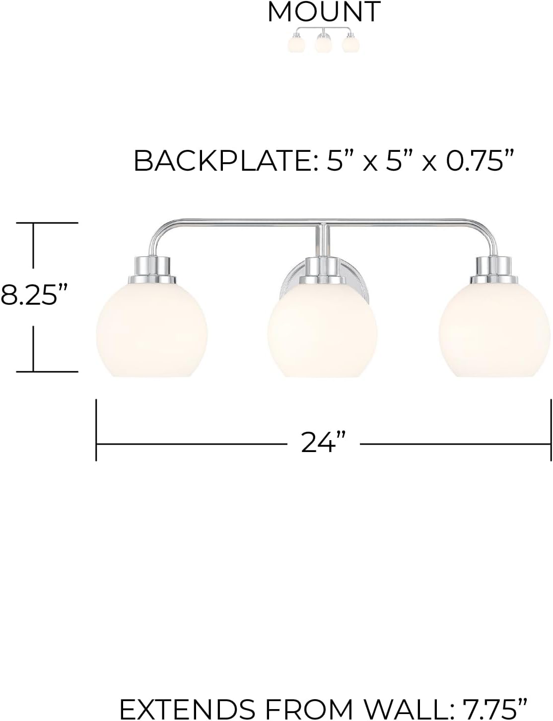 Meridian M80081CH White Opal Glass Bathroom Vanity Wall Light, 3-Light 180 Total Watts, 8' H x 24' W, Chrome