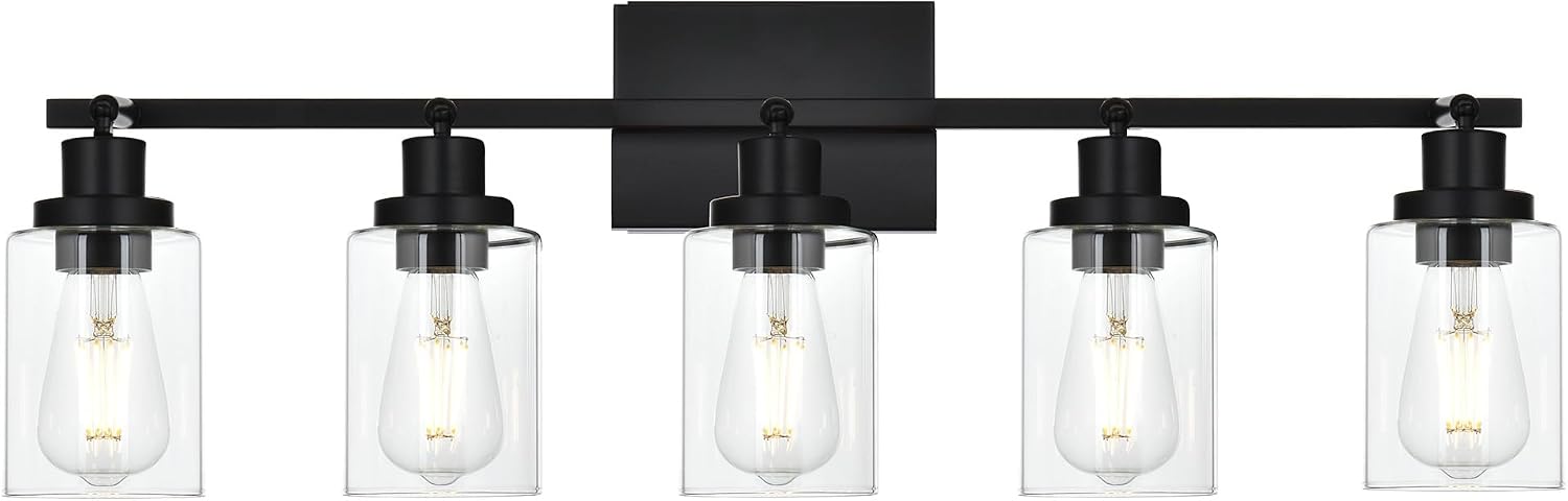 5-Light Track Lighting Kit Black Track Lighting Fixtures Bathroom Wall Sconces Ceiling Mount Kitchen Tracking Lights, Rotatable Spotlight with Clear Glass Shade for Kitchen Shop Hallway