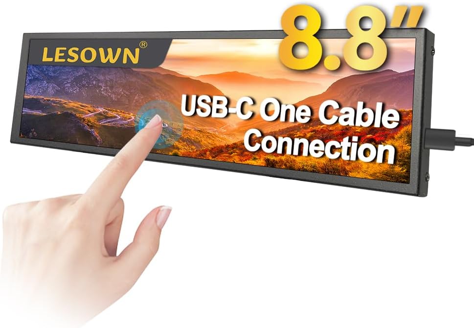 8.8 inch Small Mini Touchscreen Monitor 480x1920 IPS USB Type C Long Stretched Bar 600cd/m2 High Brightness Adjustable Strip Display for Windows Computer PC Sub Screen