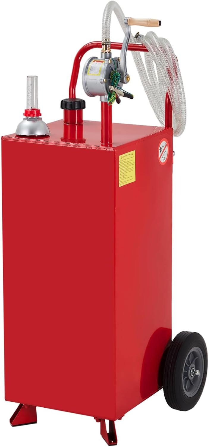 40 Gallon Fuel Caddy, Portable Gas Can with Manual Pump, Fuel Storage Tank for Gasoline & Diesel, Steel Gas Caddy on 2 Wheels, for Cars, Lawn Mowers, ATVs, Boats, Red