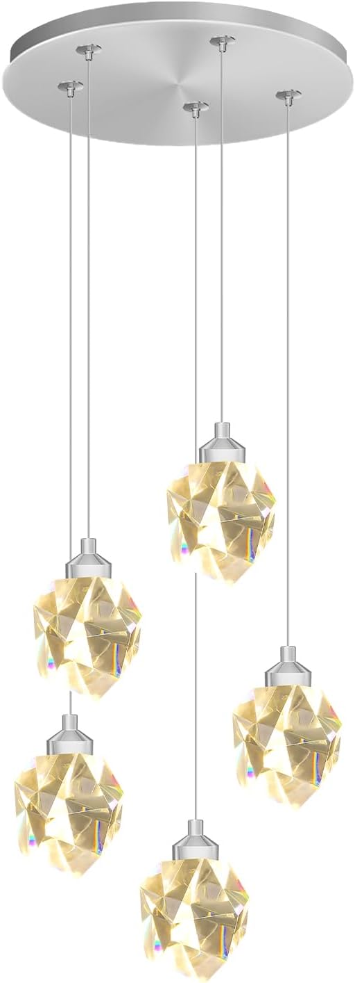 5-Light Cluster Crystal Raindrop Pendant Lights- 25W LED Dimmable Hanging Light Fixture Chandelier for Kitchen Island, Dining Room Living Room