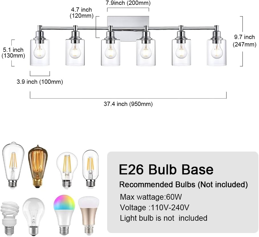 Bathroom Vanity Light Fixtures, 6-Light Vanity Lights for Bathroom Bedroom Chrome Finish Wall Mount Lights with Cylindrical Clear Glass Shade