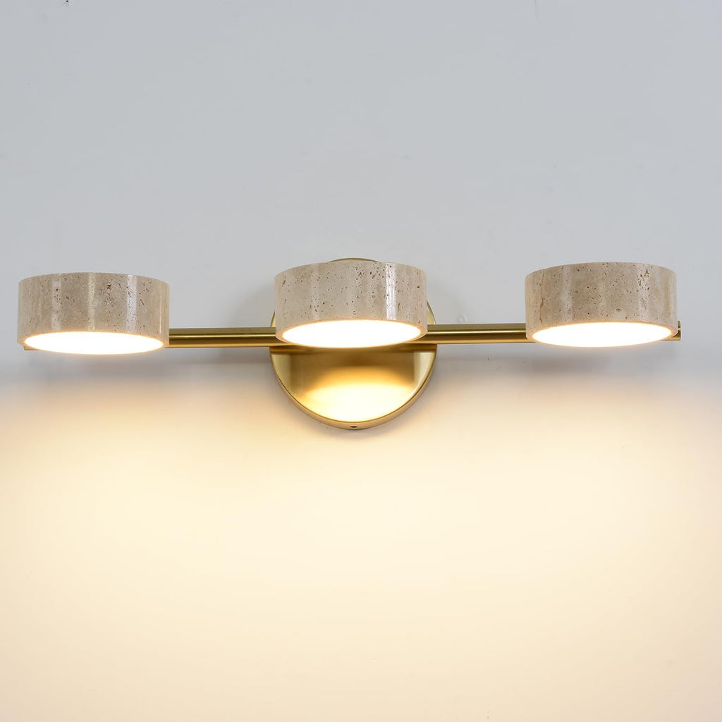 LED Mirror Light with 3 Travertine Stone Shades, Bathroom Vanity Wall Sconce, 360° Rotatable Stone Lampshades, Modern Rustic Wall Lamp for Bedroom, Living Room, Hallway (Gold-Metal)