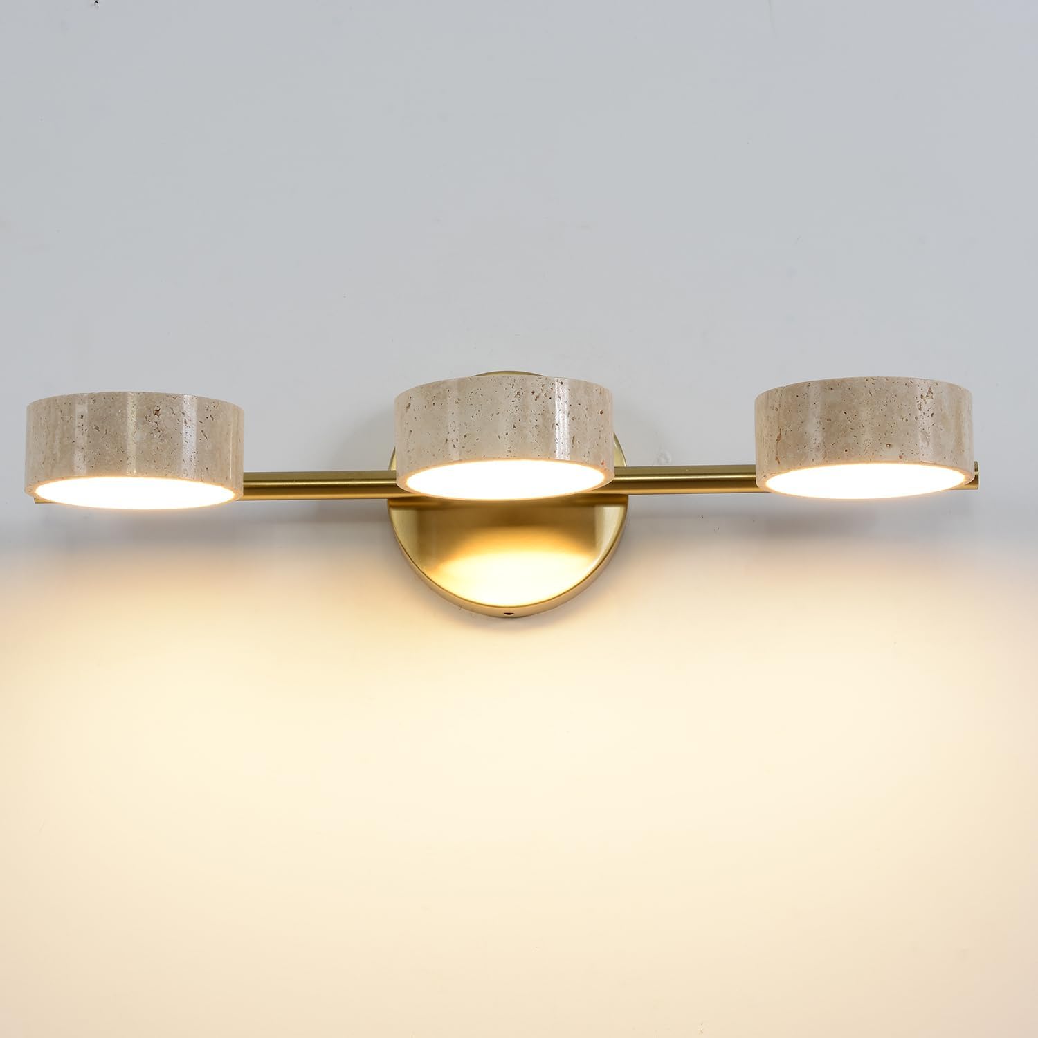 LED Mirror Light with 3 Travertine Stone Shades, Bathroom Vanity Wall Sconce, 360° Rotatable Stone Lampshades, Modern Rustic Wall Lamp for Bedroom, Living Room, Hallway (Gold-Metal)