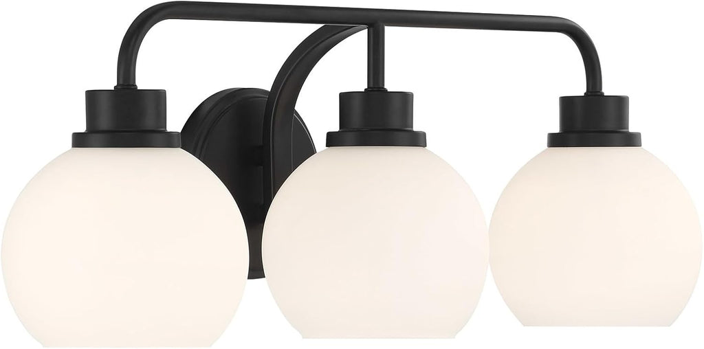 Meridian M80081MBK White Opal Glass Bathroom Vanity Wall Light, 3-Light 180 Total Watts, 8' H x 24' W, Matte Black