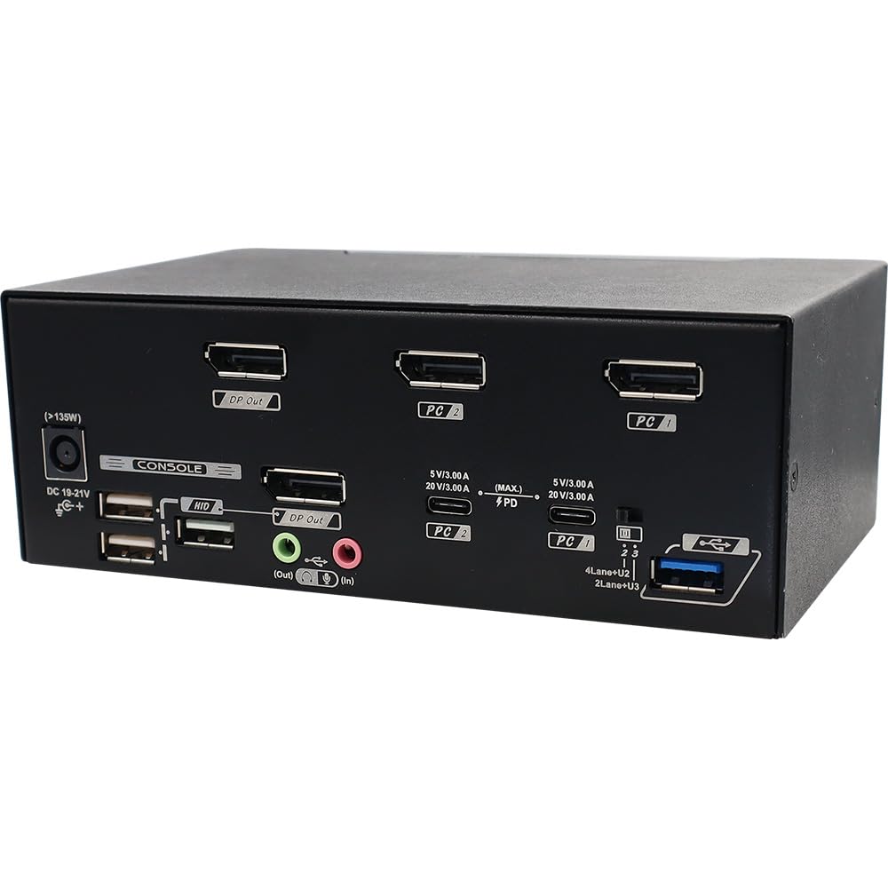 Hybrid KVM Switch for 2 Computers 2 Monitors with Displayport 1.2 & USB-C, Up to 8K@60Hz Resolution, USB 3.2 Gen, Auto EDID, Support HDCP 2.2/1.4, 20V PD Charging, CAHBP-P3122-13