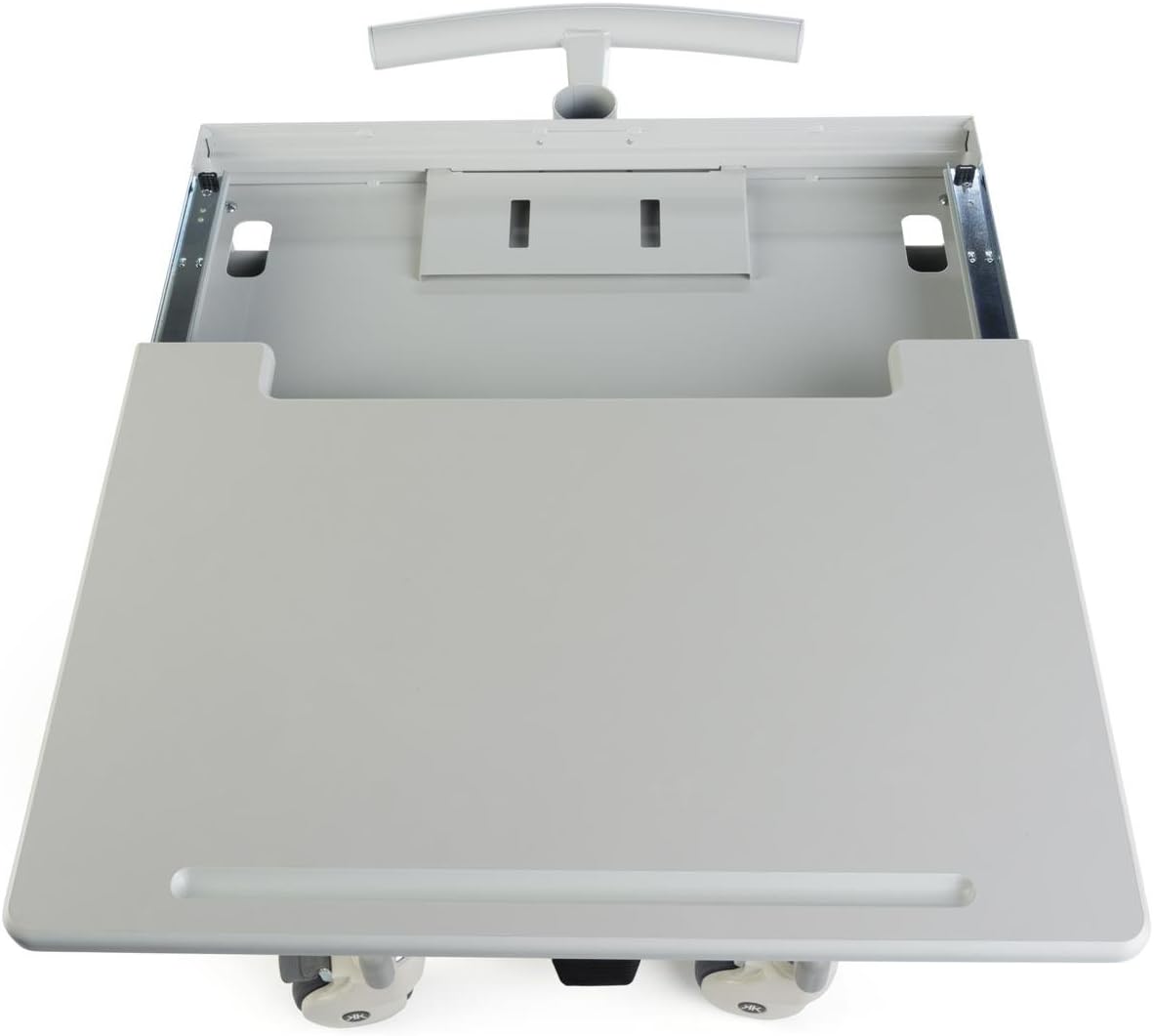 Displays2go Mobile Desk with Monitor Display & Keyboard Tray, Locking Wheels, Steel, Plastic, MDF – Gray (DWMDC1M)