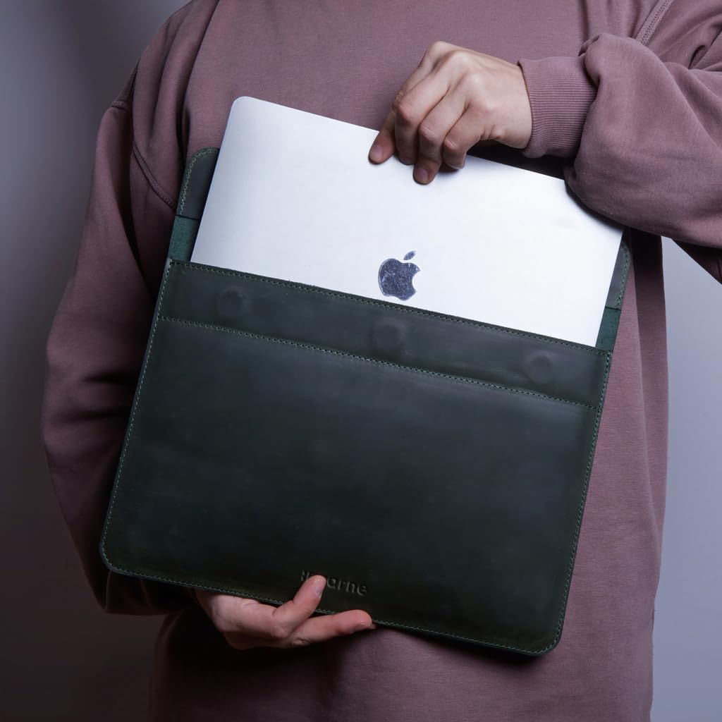 Green Leather Laptop Sleeve 13' Made for MacBook Air 13 inch Case Leather Sleeves - Carrying Protective Cases Compatible with MacBook 13' Air/Pro M1 M2 M3 M4 MAX PRO A2338 А3113 A3240 A2337, Green