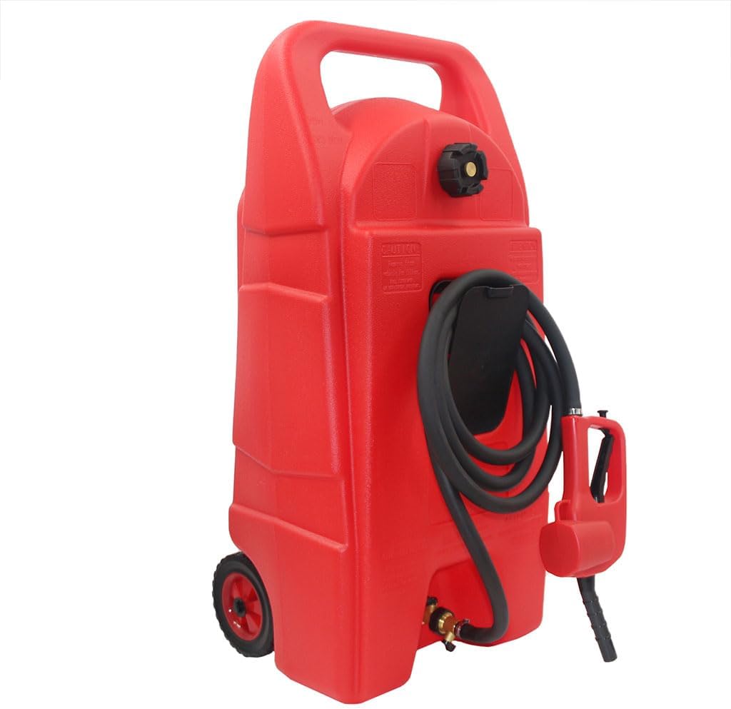 34 Gallon Fuel Caddy, Portable Gas Can Fuel Tank Container with Delivery Hose and Wheels, Gasoline Diesel Can Reversible Rotary Hand Siphon Pump, for Cars, Lawn Mowers, ATVs, Boats