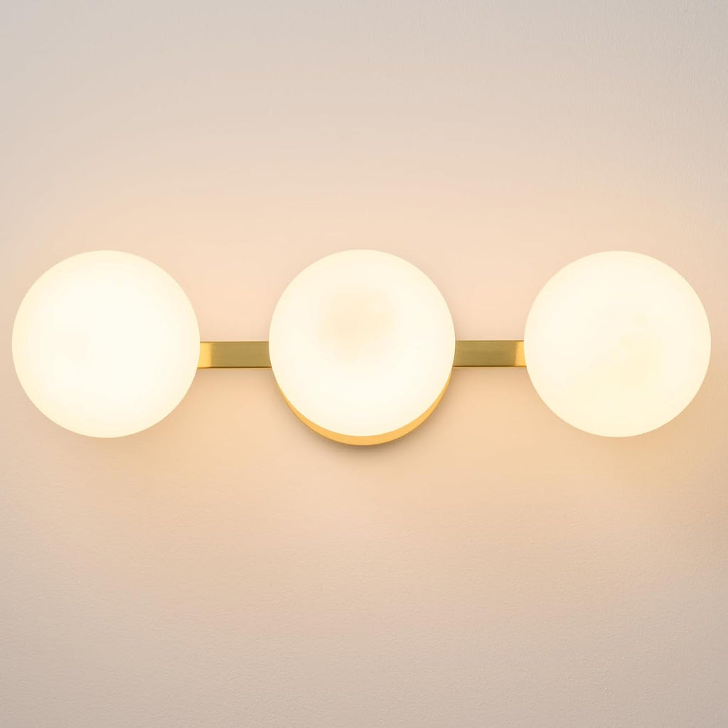 Bathroom Vanity Mirror Light Fixtures: 3 Lights Bath Wall Sconce Lighting - Brass Gold Vanity Lights with Milk Glass Shade - Modern Minimalist Makeup Light Fixture Above Mirror for Hallway E26 Base