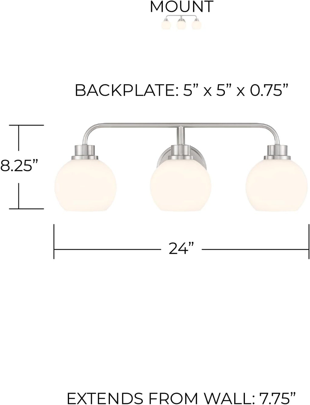 Meridian M80081BN White Opal Glass Bathroom Vanity Wall Light, 3-Light 180 Total Watts, 8' H x 24' W, Brushed Nickel