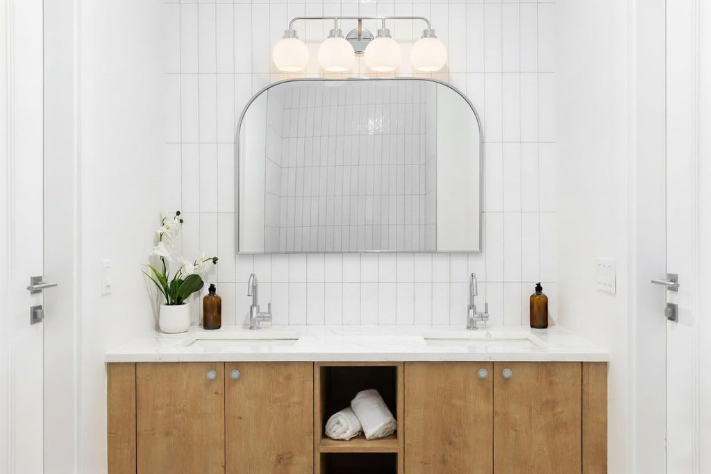 Meridian M80082CH White Opal Glass Bathroom Vanity Wall Light, 4-Light 240 Total Watts, 8' H x 32' W, Chrome