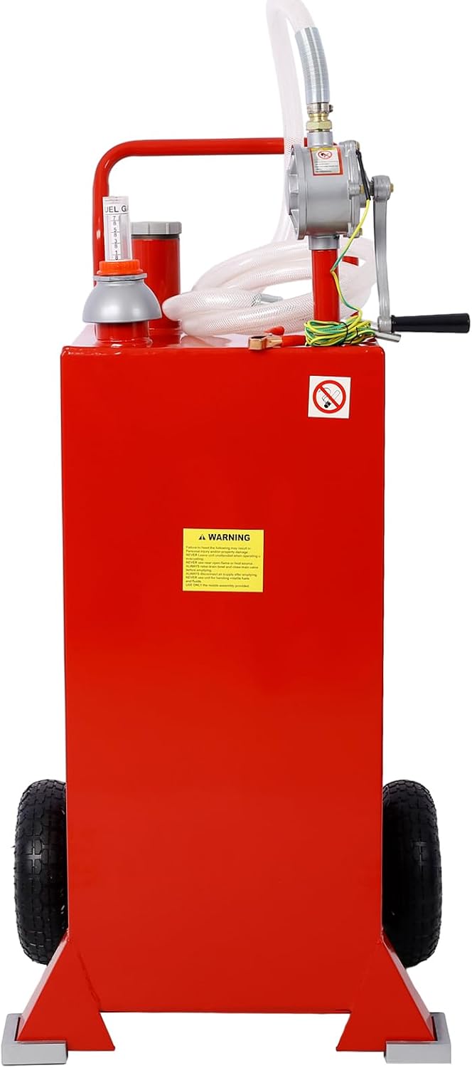 30 Gallon Fuel Caddy, Gas Storage Tank & 2 Wheels, with Manual Transfer Pump, Gasoline Diesel Fuel Container for Automobiles ATV Car Mowers Tractors Boat Motorcycle(Red)