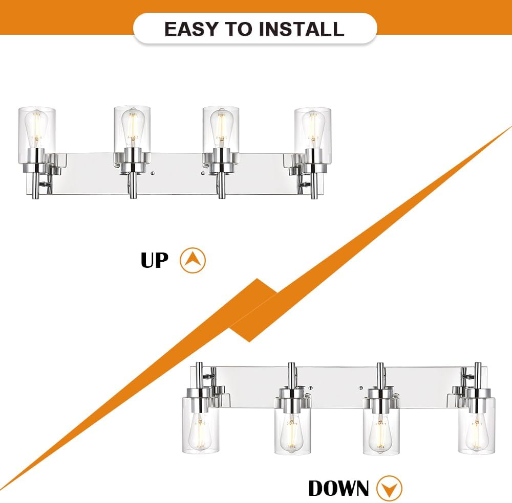 Modern Bathroom Lighting with Clear Glass Shade 4-Light Vanity Light Fixtures Chrome Finished Industrial Wall Light Sconces for Bedroom Hallway (Patent No.: US D958,438 S)