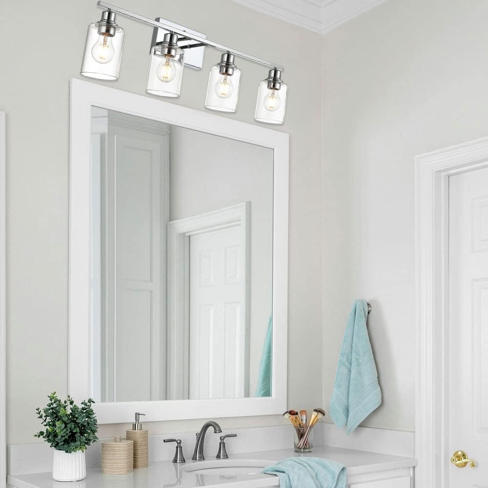 Vanity Light Fixtures,4-Light Indoor Modern Chrome Finish Bathroom Lighting Over Mirror with Clear Glass Shade Metal Base Wall Mounted Lamp for Vanity Table, Living Room