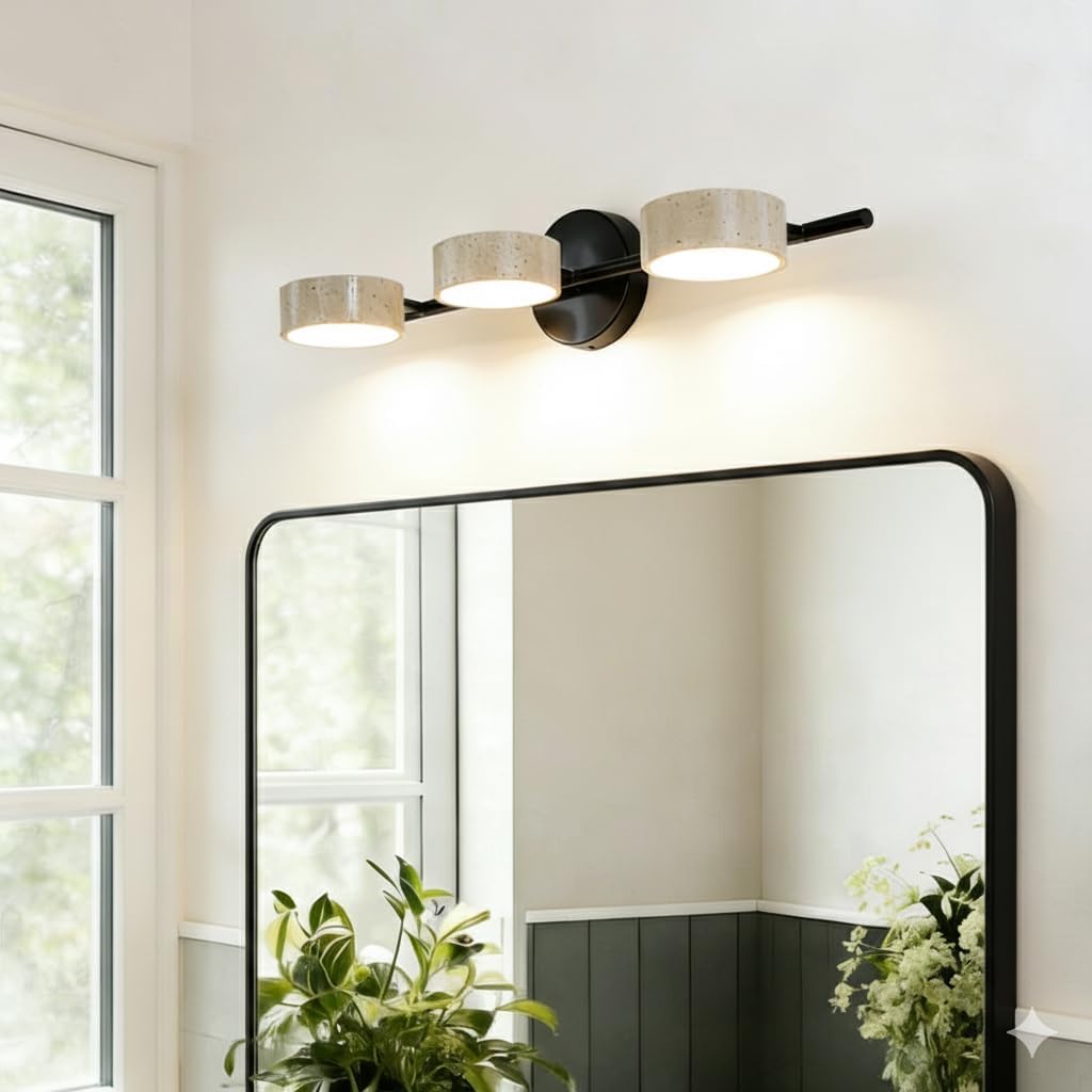 LED Mirror Light with 3 Travertine Stone Shades, Bathroom Vanity Light Fixture, 360° Rotatable Stone Lampshades, Modern Rustic Wall Lamp for Bedroom, Living Room, Hallway (Black-Metal)
