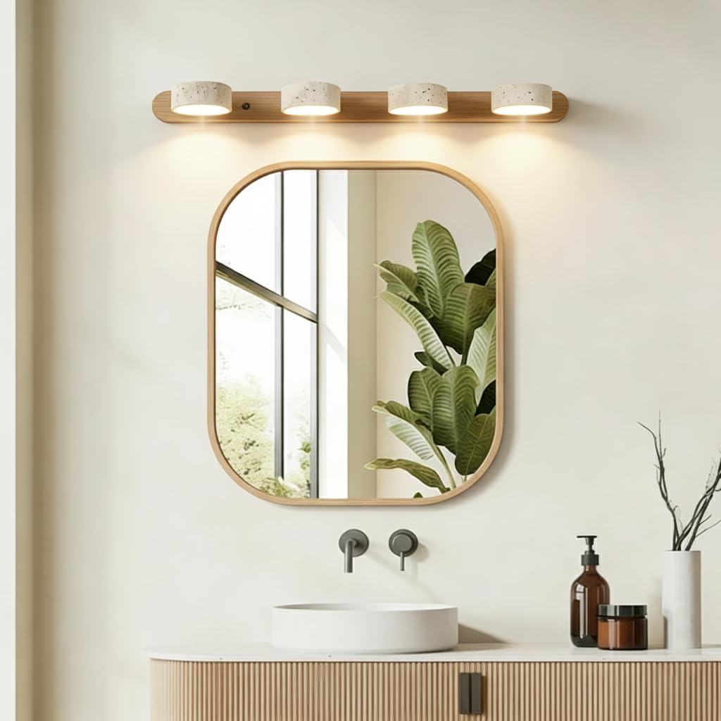 LED Bathroom Vanity Light, Travertine Stone Light Fixture, 360° Rotatable Stone Lampshades, Modern Rustic Wall Lamp for Bedroom, Living Room, Hallway (Natural Wood-4 Lights)