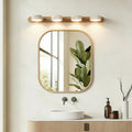 LED Bathroom Vanity Light, Travertine Stone Light Fixture, 360° Rotatable Stone Lampshades, Modern Rustic Wall Lamp for Bedroom, Living Room, Hallway (Natural Wood-4 Lights)