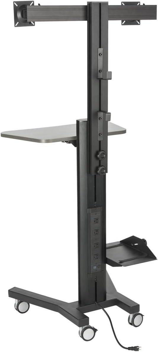 Displays2go Sit Stand Workstation, Dual Monitor Mount, Locking Wheels with CPU Holder (LPGPCRTB2H)