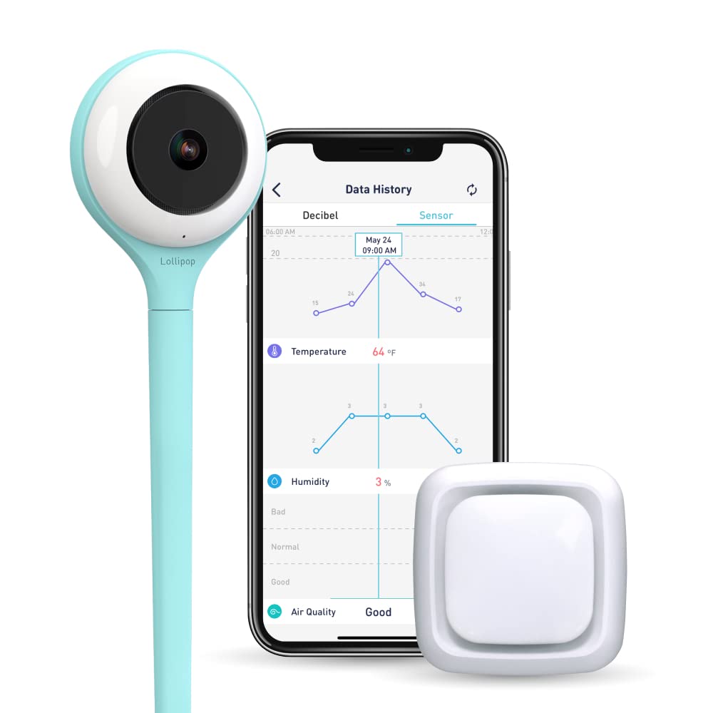 Lollipop Video Baby Monitor (Turquoise) with Camera and Audio, Baby Camera Monitor with Crying Detection and Two Way Talk Back, Baby Video Monitor Bundled with Lollipop Sensor