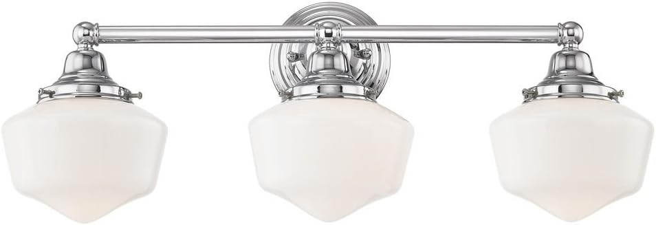 Lighting Farm Style Schoolhouse Bathroom Light Chrome White Opal Glass 3 Light 23.125 Inch Length