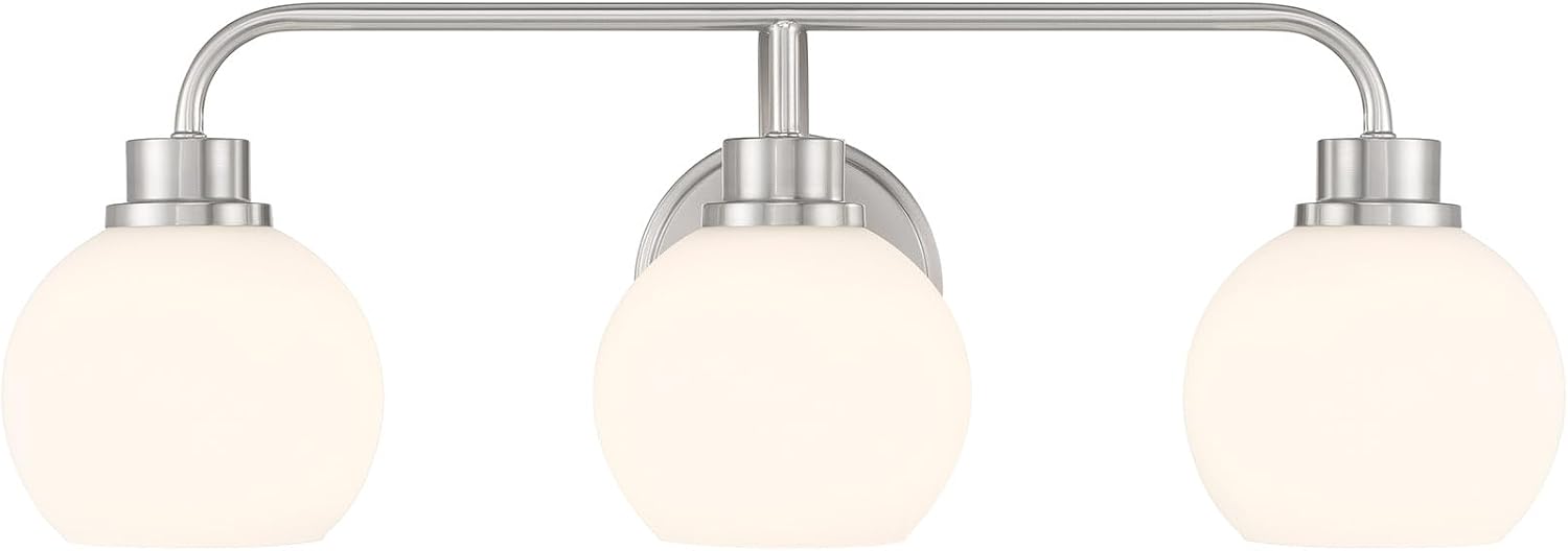 Meridian M80081BN White Opal Glass Bathroom Vanity Wall Light, 3-Light 180 Total Watts, 8' H x 24' W, Brushed Nickel