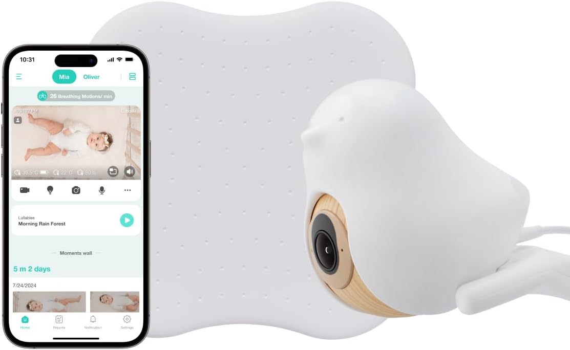 CüboAi CuboAi New Model Sleep Safety Bundle, Safety Alerts & Breathing Motion Detection, 2.5K QHD Night Vision WiFi Baby Monitor Camera, 2-Way Audio, Temp & Humidity Sensor, Lullabies, App Control