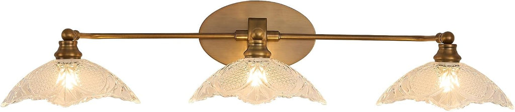 Vintage Bathroom Vanity Light Fixture, 3 Light Bathroom Vanity Light Length 33.85 inches Antique Brass with Crystal Glass Shade Antique Brass Vanity (E12 Bulb, Bulb not Included)