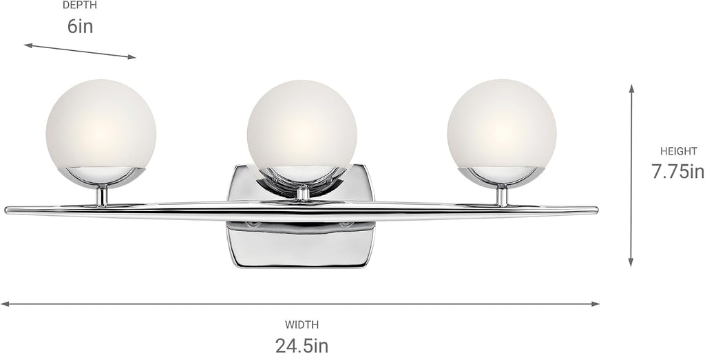 Kichler Jasper 24.5' Halogen Vanity Light in Chrome, 3-Light Mid Century Bathroom Vanity with Satin Etched Cased Opal Glass, (24.5' W x 7.75' H), 45582CH