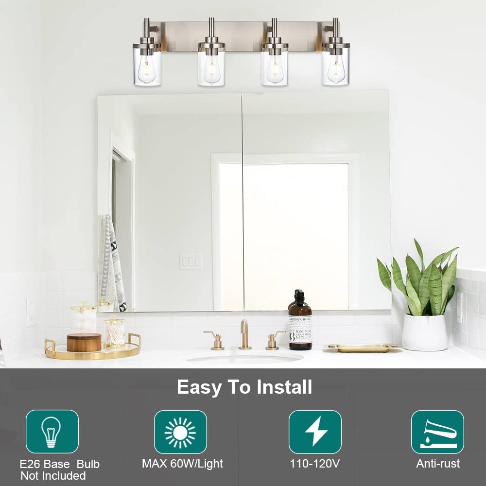 4 Lights Brushed Nickel Bathroom Vanity Light Over Mirror with Clear Glass Shades Industrial Wall Mounted Fixtures 18 inch Modern Wall Sconce Lighting for Farmhouse Living Room Bedroom Hallway