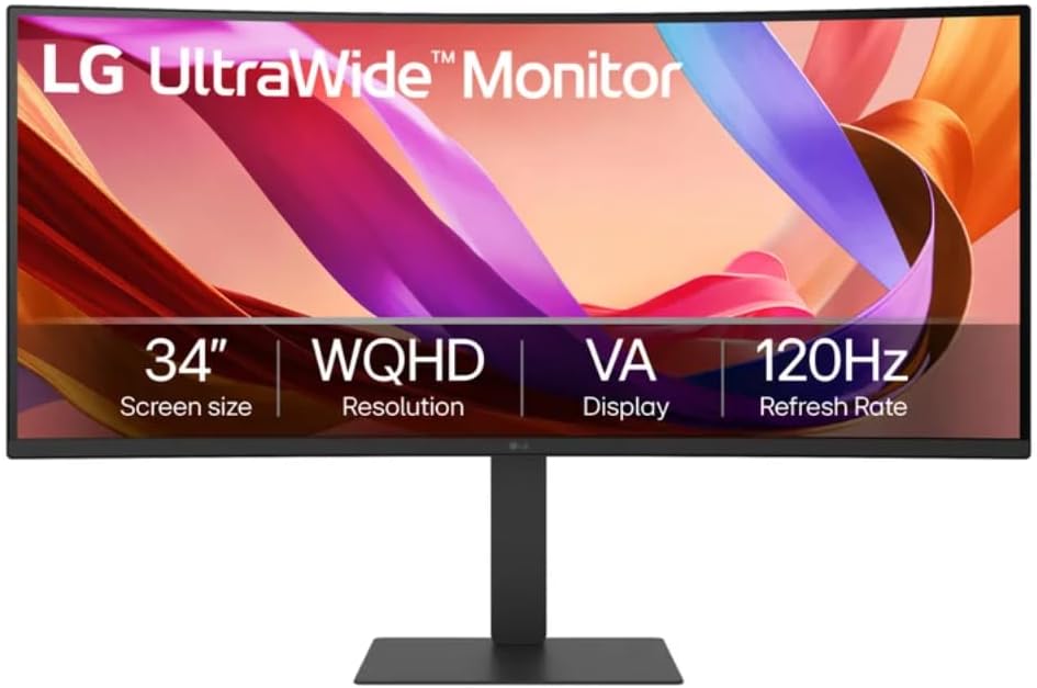 LG 34' WQHD (3440x1440) 120Hz HDR 10 Curved Ultrawide Monitor 34U62TB-B.AUS Height, Swivel, Tilt -DP Cable Included