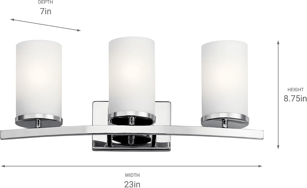 Kichler Crosby 23' Vanity Light in Chrome, 3-Light Contemporary Bathroom Light with Satin Etched Cased Opal Glass, (23' L x 8.75' H), 45497CH