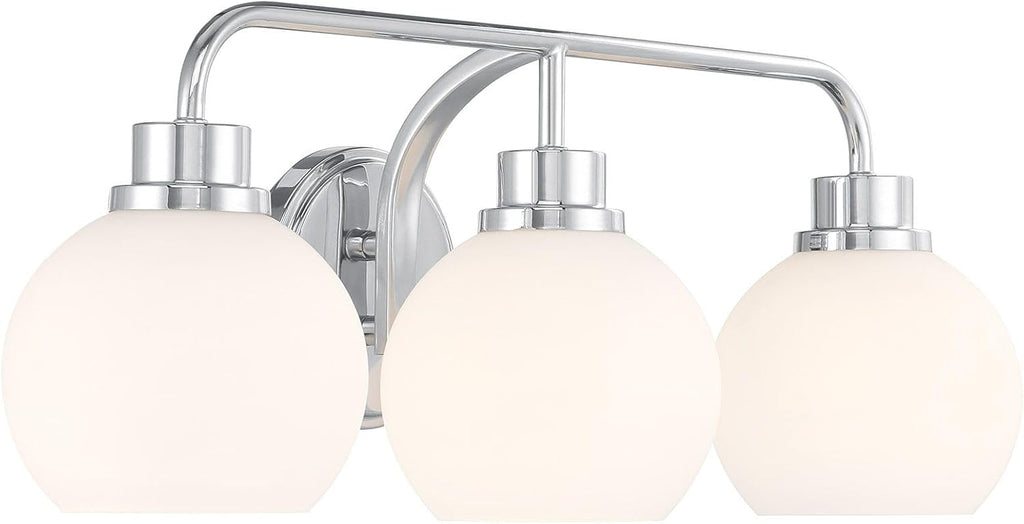 Meridian M80081CH White Opal Glass Bathroom Vanity Wall Light, 3-Light 180 Total Watts, 8' H x 24' W, Chrome