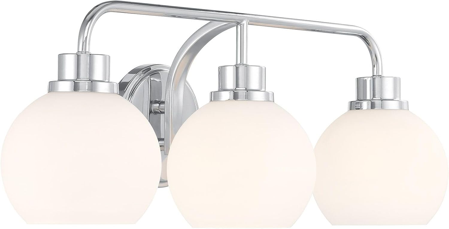 Meridian M80081CH White Opal Glass Bathroom Vanity Wall Light, 3-Light 180 Total Watts, 8' H x 24' W, Chrome