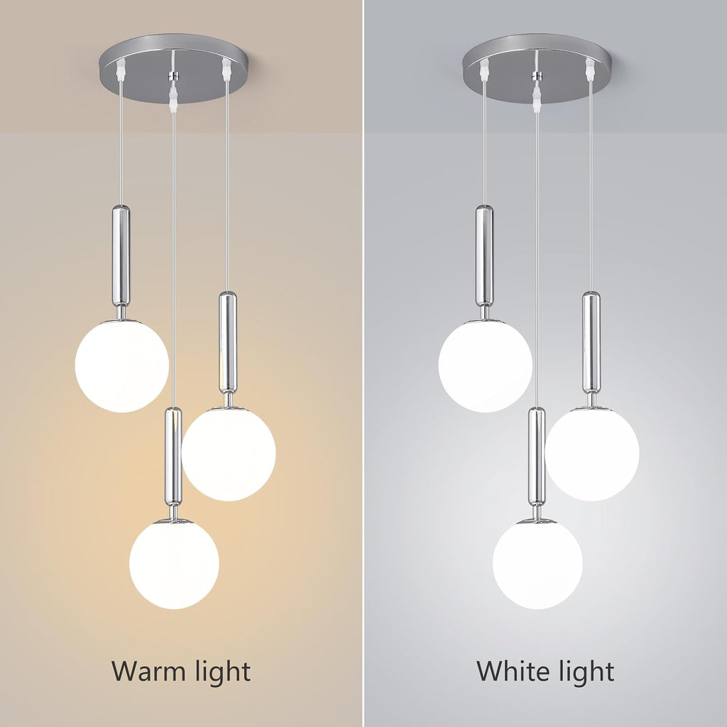 Modern Chrome Pendant Light Hanging Fixture Light for Kitchen Island Mid Century with Globe Pendant Light Milk White Glass Pendant Lighting for Living Room Bedroom Entryway (3 Lights)