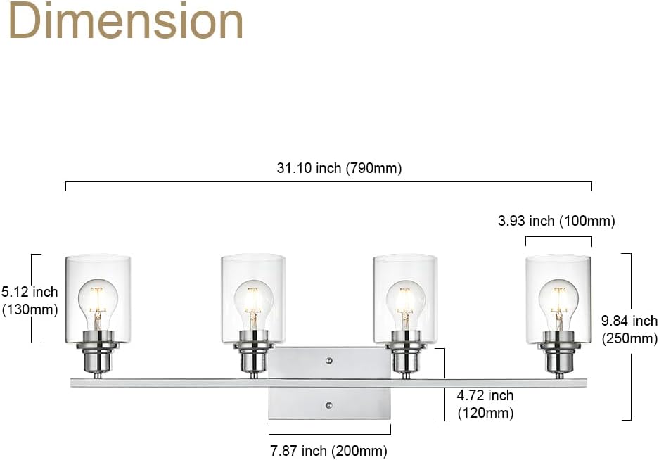 Vanity Light Fixtures,4-Light Indoor Modern Chrome Finish Bathroom Lighting Over Mirror with Clear Glass Shade Metal Base Wall Mounted Lamp for Vanity Table, Living Room