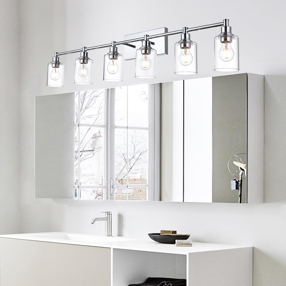 Bathroom Vanity Light Fixtures, 6-Light Vanity Lights for Bathroom Bedroom Chrome Finish Wall Mount Lights with Cylindrical Clear Glass Shade