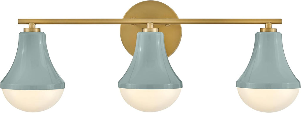 Lark Haddie Modern Three-Light Bath Vanity, Fixture Mounts Up or Down Over Bathroom Mirror, Seafoam and Lacquered Brass Finish